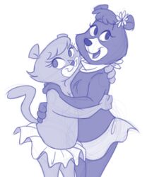  anthro bear blue_and_white bottomwear cindy_bear clothing conditional_dnp crossover duo felid female female/female hanna-barbera heyyy_it&#039;s_the_king! hug lion mammal mikurulucky monochrome pantherine sheena_the_lioness skirt tail_over_skirt yogi_bear 