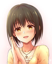  :d black_hair blush brown_eyes collarbone commentary_request earrings female head_tilt heart heart_necklace idolmaster idolmaster_cinderella_girls jewelry necklace open_mouth own_hands_together photoshop_(medium) short_hair smile solo stud_earrings takafuji_kako upper_body uraichishi 