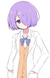  .live bad_id bad_pixiv_id bow collared_shirt dress_shirt female hair_ornament hair_over_one_eye hairclip hands_in_pockets kiso_azuki lab_coat long_sleeves looking_at_viewer purple_eyes purple_hair school_uniform shirt short_hair simple_background solo striped striped_bow sweater_vest virtual_youtuber white_background white_shirt x_hair_ornament yuukagen_(poipoipopoino) 