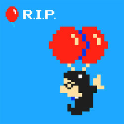  1boy balloon balloon_fight blue_background commentary_request from_side full_body glasses iwata_satoru jinkou_ovo male_focus nintendo partial_commentary photoshop_(medium) pixel_art rest_in_peace_(phrase) simple_background solo 