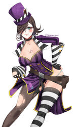  asymmetrical_legwear bad_id bad_pixiv_id belt black_gloves borderlands_(series) borderlands_2 breast_tattoo breasts brown_hair choker contrapposto female fingerless_gloves fishnet_pantyhose fishnets gloves hair_over_one_eye hand_on_own_hip hat heart heart_tattoo holster large_breasts looking_at_viewer mad_moxxi makeup mole pantyhose short_hair simple_background single_leg_pantyhose smile solo standing stormcow striped_clothes striped_thighhighs tattoo thighhighs top_hat uneven_legwear white_background 