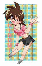  antenna_hair bakuten_shoot_beyblade beyblade brown_eyes brown_hair female looking_at_viewer shiny_skin short_hair skirt smile tachibana_hiromi wink 