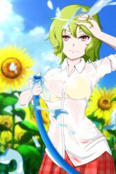  black_bitou blue_sky blurry blurry_background bra breasts cloud collared_shirt commentary_request day female flower green_hair hand_in_own_hair highres hose kazami_yuuka medium_breasts pov red_eyes red_skirt see-through shirt short_hair short_sleeves skirt sky smile solo sunflower touhou underwear water wet wet_clothes wet_hair white_shirt yellow_bra 