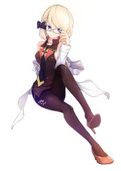  adjusting_clothes adjusting_eyewear alternate_costume azur_lane bare_shoulders black_pantyhose black_shirt black_skirt blonde_hair blue_eyes bow breasts commentary_request female glasses hairbow high_heels jacket lab_coat legs medium_breasts military_jacket miniskirt pantyhose pencil_skirt photoshop_(medium) purple_hair shirt short_hair skirt solo thighs yun_cao_bing z23_(azur_lane) z23_(philosophy_sensei)_(azur_lane) 