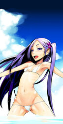  arata_yui bikini cloud commentary_request day female hair_bobbles hair_ornament highres long_hair mahou_shoujo_(raita) micro_bikini nitta_yui one_side_up open_mouth outdoors outstretched_arms photoshop_(medium) purple_eyes purple_hair side_ponytail sky spread_arms swimsuit wading water wet white_bikini yamamoto_canponi 