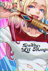  baseball_bat blonde_hair blue_eyes blue_hair blue_nails breasts chromatic_aberration clothes_writing collar commentary dc_comics dc_extended_universe english_text female harley_quinn heart highres lipstick looking_at_viewer makeup medium_breasts multicolored_hair nail_polish pink_hair red_nails solo suicide_squad symbol-only_commentary tarantulaines tongue tongue_out twintails upper_body 