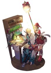  1boy a082 blonde_hair book brown_hair christmas_tree commentary_request desk djeeta_(granblue_fantasy) doctor_(granblue_fantasy) dragon female gran_(granblue_fantasy) granblue_fantasy quill santa_costume sleeping staff vial vyrn_(granblue_fantasy) wooden_floor 