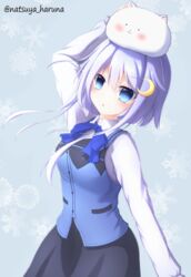  angora_rabbit animal animal_on_head blue_eyes commentary_request cosplay crescent crescent_hair_ornament female gochuumon_wa_usagi_desu_ka? hair_ornament kafuu_chino kafuu_chino_(cosplay) kantai_collection long_hair looking_at_viewer natsuya_(pucelle) on_head purple_hair rabbit rabbit_house_uniform rabbit_on_head short_hair short_hair_with_long_locks tippy_(gochiusa) yayoi_(kancolle) 