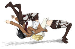  2girls annie_leonhart belt black_hair blonde_hair boots brown_footwear buckle clothes_lift commentary_request emblem from_side german_suplex groin hair_bun knee_boots leaning_back long_sleeves midriff mikasa_ackerman multiple_girls pants paradis_military_uniform photoshop_(medium) shingeki_no_kyojin shirt_lift short_hair simple_background single_hair_bun suplex thigh_strap top-down_bottom-up training_corps_(emblem) white_background wrestling yaya_(y8ay8a) 