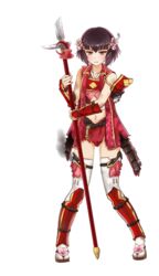  boots broken broken_spear broken_weapon brown_hair female flower full_body hair_flower hair_ornament holding holding_polearm holding_weapon juumonji_yari kawamatsu_yoshinori midriff navel official_art oshiro_project:re polearm red_eyes shinpu_(oshiro_project) short_hair skirt sleeveless solo spear thigh_boots thighhighs torn_clothes torn_skirt transparent_background weapon yari 