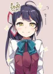  &gt;:) ahoge arms_at_sides black_hair bow bowtie commentary_request female fujinami_(kancolle) hair_ribbon kantai_collection long_hair long_sleeves looking_at_viewer onbin_ha ponytail puff_of_air ribbon school_uniform simple_background smile solo sparkle upper_body v-shaped_eyebrows yellow_eyes 