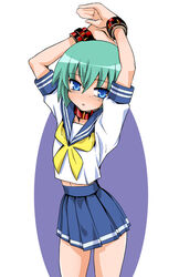  arms_up blue_eyes blush collar ez6 female flat_chest green_hair iwasaki_minami lucky_star pleated_skirt ryouou_school_uniform school_uniform serafuku short_hair skirt solo wrist_cuffs 