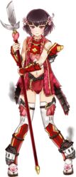  boots broken broken_spear broken_weapon brown_hair female flower full_body hair_flower hair_ornament holding holding_polearm holding_weapon juumonji_yari kawamatsu_yoshinori midriff navel official_art oshiro_project:re polearm red_eyes shinpu_(oshiro_project) short_hair skirt sleeveless solo spear thigh_boots thighhighs torn_clothes torn_skirt transparent_background weapon yari 