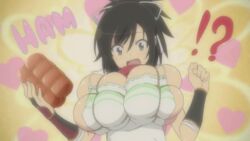  !? animated animated asuka_(senran_kagura) breasts dekamori_senran_kagura female food ham screencap senran_kagura senran_kagura_(series) solo surprised 