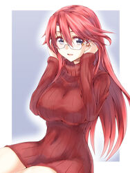  :d adjusting_eyewear aty_(summon_night) blue_eyes breasts commentary covered_nipples female glasses highres kurokawa_(silve) large_breasts long_hair long_sleeves looking_at_viewer open_mouth photoshop_(medium) red_hair red_sweater ribbed_sweater semi-rimless_eyewear sitting smile solo summon_night summon_night_3 sweater turtleneck 