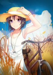  arm_up armpits bicycle black_hair bracelet commentary_request day dress female field hand_on_headwear hat highres idolmaster idolmaster_(classic) jewelry kikuchi_makoto kowaremashita looking_at_viewer necklace outdoors purple_eyes short_hair solo sun_hat sundress white_dress wristband 