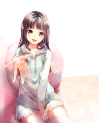  bad_id bad_pixiv_id between_legs blush brown_eyes brown_hair chair female foreshortening hakka0320 hand_between_legs highres hood hood_down hoodie long_hair original outstretched_hand photoshop_(medium) reaching reaching_towards_viewer sitting skirt smile solo thighhighs zettai_ryouiki 