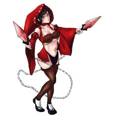  bandeau black_hair black_panties breasts chains chains choker cleavage dual_wielding dude_underscore full_body fusion highres hood japanese_clothes kimono kunai kurenai_(red_ninja) large_breasts looking_at_viewer obi odin_sphere open_clothes panties red_hat red_hood red_ninja sandals short_hair short_kimono simple_background solo tabi thighhighs triple_fusion underwear velvet_(odin_sphere) weapon white_background wide_sleeves 