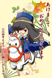  2014 blue_dress blue_eyes brown_hair chibi commentary_request dei_shirou dress female folding_fan glasses hand_fan happy_new_year hat horse long_hair looking_at_viewer mecha_musume minerva_(spacecraft) new_year open_mouth original partial_commentary personification sitting smile solo waving 