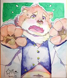  bear belly blush clothed clothing embarrassed fully_clothed hi_res jambavan_(tas) lifewonders male mammal modriff navel simple_background star_parlor tokyo_afterschool_summoners traditional_media_(artwork) 