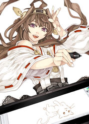  ahoge brand_name_imitation brown_hair commentary_request detached_sleeves double_bun drawing drawing_tablet feline female hair_bun hair_ornament hairband japanese_clothes kantai_collection kongou_(kancolle) kurokoeda long_hair nontraditional_miko open_mouth purple_eyes solo stylus wacom 