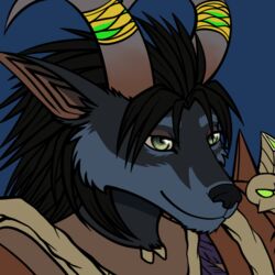  1:1 2015 ambiguous_gender anthro armor black_body black_fur black_hair black_nose blizzard_entertainment blue_background blue_body blue_fur bust_portrait canid clothed clothing conditional_dnp digital_media_(artwork) fan_character female fur green_eyes hair horn horn_jewelry horn_ring jewelry mammal paralee_(character) portrait ratte reaction_image ring_(jewelry) simple_background smile solo warcraft were werecanid worgen 