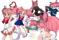  6+girls :&lt; aged_up alternate_hairstyle arms_up back_bow bare_legs belt bishoujo_senshi_sailor_moon bishoujo_senshi_sailor_moon_r bishoujo_senshi_sailor_moon_supers black_dress black_lady_(sailor_moon) blue_skirt bow brooch chibi_usa circlet closed_eyes commentary_request cone_hair_bun cowboy_shot crescent crescent_facial_mark crystal_carillon crystal_earrings double_bun dress earrings facial_mark hair_bun hair_down hair_ornament half-closed_eyes heart heart_brooch highres jewelry juuban_elementary_school_uniform korean_text luna-p magical_girl mito_(mitonim) multicolored_clothes multicolored_skirt multiple_girls multiple_persona own_hands_clasped own_hands_together pegasus_(sailor_moon) pink_hair pink_sailor_collar pleated_skirt profile red_bow red_eyes sailor_chibi_moon sailor_collar sailor_senshi_uniform school_uniform serafuku side_slit skirt small_lady_serenity stallion_reve super_sailor_chibi_moon tears twintails white_sailor_collar white_skirt 