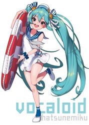  :d absurdres aqua_eyes aqua_hair blue_legwear character_name commentary copyright_name dress female full_body hair_between_eyes hat hatsune_miku highres konbu_(hida123) lifebuoy long_hair looking_at_viewer natsufuku_miku open_mouth sailor_dress scrunchie simple_background smile solo standing standing_on_one_leg swim_ring taito_four_seasons_figure_(vocaloid) twintails very_long_hair vocaloid white_background white_dress white_footwear wrist_scrunchie 