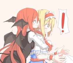  ! &gt;:) 2girls alice_margatroid bat_wings biting blonde_hair blue_dress blue_eyes blush breast_press breasts breasts_on_another&#039;s_back capelet commentary_request demon_tail dress ear_biting frills hairband head_wings highres hug hug_from_behind kaminendo koakuma long_hair long_sleeves medium_breasts multiple_girls naughty_face pink_background red_eyes red_hair ribbon short_hair short_sleeves simple_background skirt skirt_set smile surprised tail touhou v-shaped_eyebrows very_long_hair vest wavy_mouth wide-eyed wings wrist_cuffs yuri 