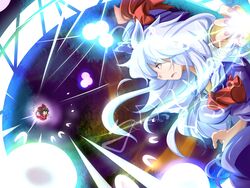  2girls battle blue_dress blue_hair bow brown_hair commentary_request danmaku detached_sleeves dress duel flying glowing glowing_hand gohei hairbow hakurei_reimu hat hat_ribbon imperishable_night kamishirasawa_keine kikurage_(sugi222) looking_at_another multicolored_background multiple_girls open_mouth red_eyes ribbon skirt skirt_set spell_card touhou 