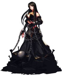  black_eyes black_hair breasts chains cleavage dress dungeon_and_fighter female large_breasts long_hair metal_ball solo 