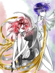  2others ahoge androgynous bad_id bad_pixiv_id blue_eyes blue_hair blunt_bangs cinnabar_(houseki_no_kuni) colored_eyelashes easty eyes_visible_through_hair gem_uniform_(houseki_no_kuni) glowing glowing_hair gold golden_arms hair_between_eyes houseki_no_kuni knees_to_chest long_bangs looking_at_another mercury_(element) multiple_others other_focus phosphophyllite phosphophyllite_(ll) red_eyes red_hair see-through short_hair sparkle spoilers 