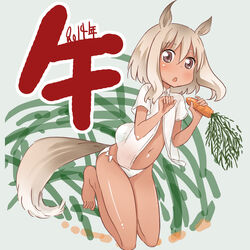  2014 :o abe_kanari animal_ears bare_legs barefoot blush bow brown_eyes carrot chinese_zodiac commentary_request dark-skinned_female dark_skin female full_body horse_ears horse_girl horse_tail light_brown_hair navel new_year original panties photoshop_(medium) see-through short_hair solo tail translated underwear year_of_the_horse 