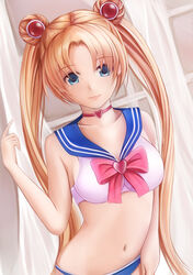  bikini bishoujo_senshi_sailor_moon blonde_hair blue_eyes blue_panties blue_sailor_collar bow bra brooch choker collarbone commentary_request cosplay female hair_ornament heart heart_brooch jewelry light_smile long_hair looking_at_viewer nannacy7 navel neon_genesis_evangelion panties rebuild_of_evangelion red_bow red_choker sailor_bikini sailor_collar sailor_moon sailor_moon_(cosplay) sailor_moon_narikiri_bra_set sailor_senshi_uniform solo souryuu_asuka_langley stomach swimsuit twintails underwear underwear_only very_long_hair white_bra 