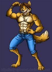  abs anthro arrowhead bottomwear canid canine canis clothed clothing cybercat denim denim_bottomwear denim_clothing dingo jeans male mammal muscular muscular_anthro muscular_male pants smile solo topless 