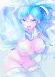  bikini blue_eyes blue_hair blush breasts cape cleavage cowboy_shot elbow_gloves female fur_trim gloves golden_sun hair_ribbon large_breasts long_hair mia_(golden_sun) micro_bikini naso4 navel open_mouth photoshop_(medium) ribbon solo staff string_bikini swimsuit thighhighs underboob white_bikini white_gloves white_thighhighs 