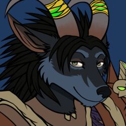  1:1 2015 accessory ambiguous_gender anthro armor black_body black_fur black_hair black_nose blizzard_entertainment blue_background blue_body blue_fur bust_portrait canid clothed clothing conditional_dnp digital_media_(artwork) fan_character female fur furgonomics green_eyes hair horn horn_accessory hornband looking_at_viewer mammal multicolored_body multicolored_fur paralee_(character) portrait ratte reaction_image simple_background smile solo two_tone_body two_tone_fur warcraft were werecanid worgen 