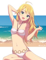  :d agata_(agatha) angel&#039;s_swimsuit_(idolmaster) arm_behind_head arm_up bad_id bad_pixiv_id bare_arms bare_shoulders beach bikini blonde_hair blue_sky breasts cleavage collarbone commentary_request day female green_eyes hand_in_own_hair hoshii_miki idolmaster idolmaster_(classic) long_hair looking_at_viewer medium_breasts navel o-ring o-ring_bikini o-ring_top ocean open_mouth outdoors sky smile solo swimsuit underboob water white_bikini 