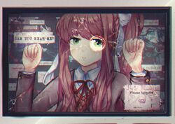  4girls against_glass banging blazer breaking broken_glass brown_hair chromatic_aberration commentary crack doki_doki_literature_club english_commentary english_text film_grain friedraisu glass glitch green_eyes hands_up highres jacket long_hair long_sleeves looking_at_viewer monika_(doki_doki_literature_club) monitor multiple_girls natsuki_(doki_doki_literature_club) neck_ribbon pixelated ponytail red_ribbon ribbon sayori_(doki_doki_literature_club) school_uniform shirt solo_focus spoilers sweater_vest white_shirt window_(computing) wing_collar yuri_(doki_doki_literature_club) 