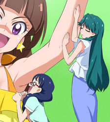  3girls :d amanogawa_kirara bare_shoulders blue_hair braid brown_hair closed_eyes earrings glasses go!_princess_precure green_background haruyama_kazunori jewelry kaidou_minami long_hair multiple_girls nanase_yui open_mouth precure purple_eyes simple_background single_braid smile star_(symbol) star_earrings 