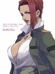  breasts character_name character_request cleavage copyright_name dog_tags dogtags earrings female female ghost_in_the_shell ghost_in_the_shell_arise gloves green_eyes hand_on_hip hand_on_hop jacket jewelry kodansha kurutsu looking_at_view looking_at_viewer necklace red_hair solo suzuki_hayase 