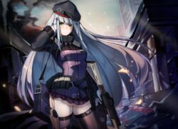  adjusting_hair assault_rifle bad_id bad_pixiv_id bag beret blush commentary debris embers facial_tattoo female girls&#039;_frontline gloves green_eyes grey_hair gun h&amp;k_hk416 hair_ornament hat heckler_&amp;_koch hk416_(girls&#039;_frontline) holster j3men long_hair looking_away magazine_(weapon) magpul pleated_skirt rifle rubble skirt smoke solo tattoo teardrop thigh_holster thighhighs trigger_discipline weapon zettai_ryouiki 