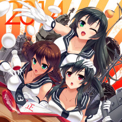  2014 3girls agano_(kancolle) alcohol black_hair blush braid breast_press breasts brown_hair cleavage commentary_request dragonmaterial elbow_gloves gloves green_eyes highres kantai_collection large_breasts multiple_girls noshiro_(kancolle) one_eye_closed open_mouth red_eyes sake school_uniform serafuku twin_braids yahagi_(kancolle) 