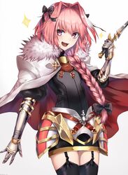  1boy :d armor astolfo_(fate) bad_id bad_twitter_id black_bow black_ribbon black_thighhighs bow braid buckle cape commentary_request cowboy_shot cross fate/apocrypha fate/grand_order fate_(series) faulds fur-trimmed_cape fur_collar fur_trim garter_straps gauntlets gloves hair_between_eyes hair_intakes hair_over_shoulder hair_ribbon hairbow highres holding holding_sword holding_weapon legs_together long_braid long_hair looking_at_viewer male_focus multicolored_hair oerba_yun_fang open_mouth otoko_no_ko pink_hair purple_eyes ribbon simple_background single_braid smile solo sparkle standing streaked_hair sword thighhighs v-shaped_eyebrows w weapon white_background white_cape white_hair yukihama 