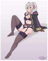  absurdres black_bra black_panties blush bra breasts cleavage coat female female_my_unit_(fire_emblem_if) fire_emblem fire_emblem:_kakusei full_body garter_belt garter_straps grey_hair highres lingerie looking_at_viewer medium_breasts my_unit_(fire_emblem:_kakusei) navel panties robin sarukaiwolf sitting smile solo super_smash_bros. thighhighs twintails 