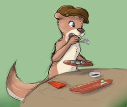  anthro blue_eyes brown_body brown_fur brown_nose chopsticks clothing eating food fur furniture hat headgear headwear male mammal mustelid open_mouth otter shem solo sushi table xilrayne 