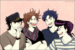  4boys black_border black_hair blue_hair border bracelet brown_hair cigarette commentary_request crossed_arms diamond_wa_kudakenai earrings green_eyes hat higashikata_josuke jewelry jojo_no_kimyou_na_bouken jonathan_joestar joseph_joestar joseph_joestar_(young) kujo_jotaro laughing multiple_boys polka_dot polka_dot_background purple_hair scarf shirt smoke striped_clothes striped_shirt twitter_username wristband yokozawa_(pyu-tohuku) 