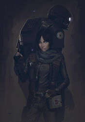  1boy antennae belt cape cloak commentary_request droid emblem energy_gun female fingerless_gloves galactic_empire gloves glowing glowing_eye holster hood hood_down hooded_cloak insignia jacket jyn_erso k-2so lips looking_at_viewer photoshop_(medium) ray_gun realistic rebel_alliance robot rogue_one:_a_star_wars_story scarf science_fiction serious star_wars vest weapon wyv1 