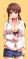  bikini bikini_under_clothes black_bikini blue_shorts blush breasts brown_background brown_eyes brown_hair cleavage commentary_request cowboy_shot female front-tie_bikini_top front-tie_top highres huge_breasts idolmaster idolmaster_cinderella_girls long_hair looking_at_viewer mifune_miyu open_mouth photoshop_(medium) ponytail shirt short_shorts shorts solo sweat sweatdrop swimsuit thigh_gap undressing uraichishi white_shirt 