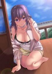  bare_shoulders barefoot blue_sky breasts cleavage collarbone commentary_request day female konohana_enishi large_breasts long_hair looking_at_viewer original parted_lips photoshop_(medium) purple_eyes purple_hair sengoku_aky shorts sky solo sweat thighs 